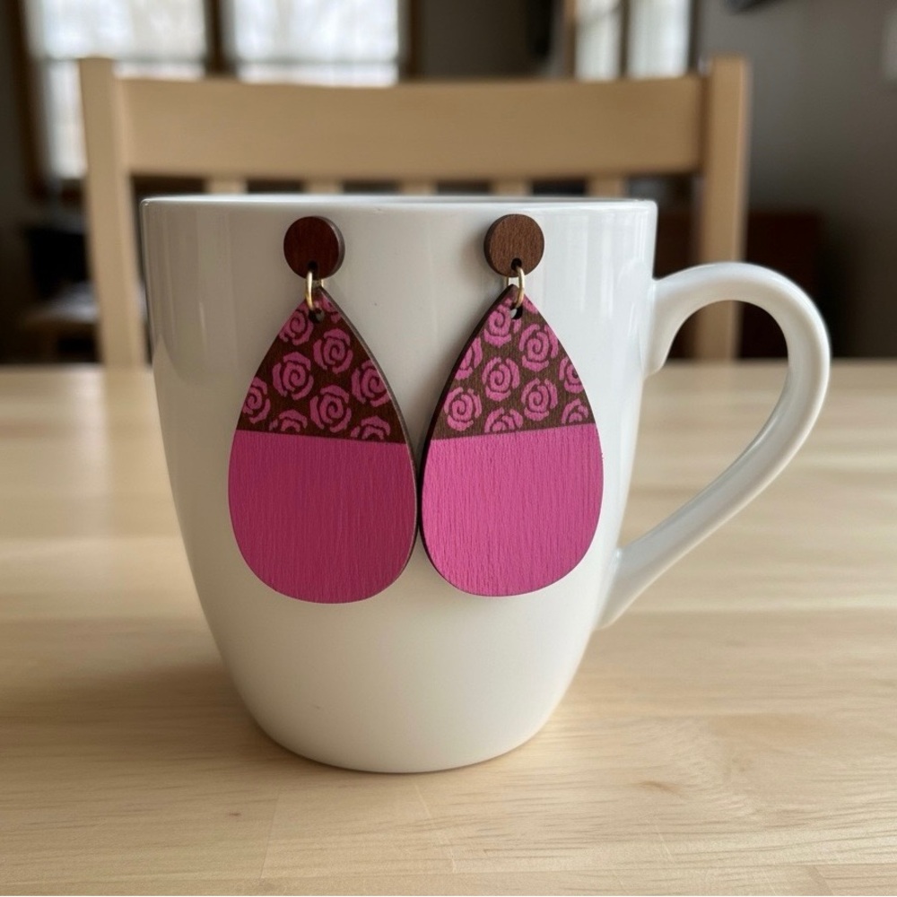 Hand Painted Pink Floral Teardrop Earrings Lightweight Statement Jewelry